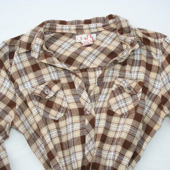 🍁CARAMEL PLAID BUTTON DOWN SHIRT SOFT FLANNEL LADIES JUNIORS XL TOP WAIST TIE - Picture 10 of 13